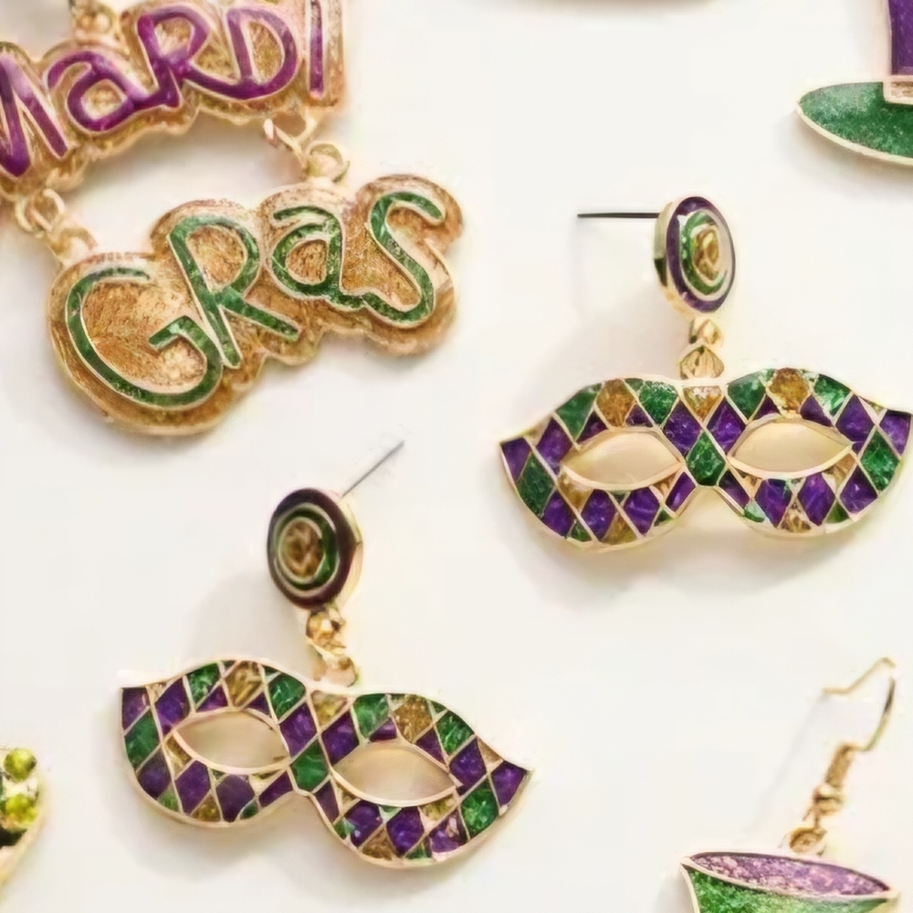 Mardi Gras Earrings Purple Green Gold Mask - Picture 7 of 11